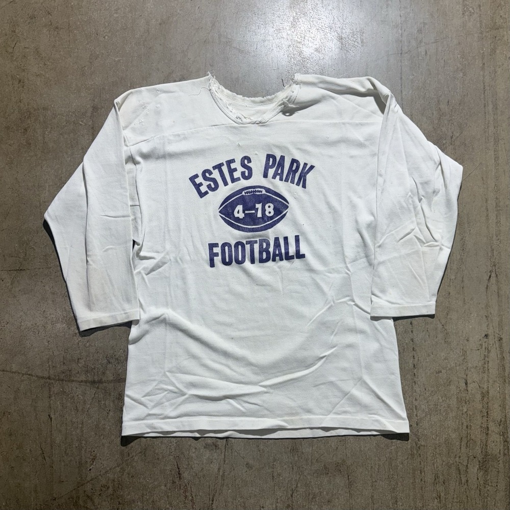 Vintage Estes Park Football Shirt Mens Large White 3/4 Sleeve Jersey Tee